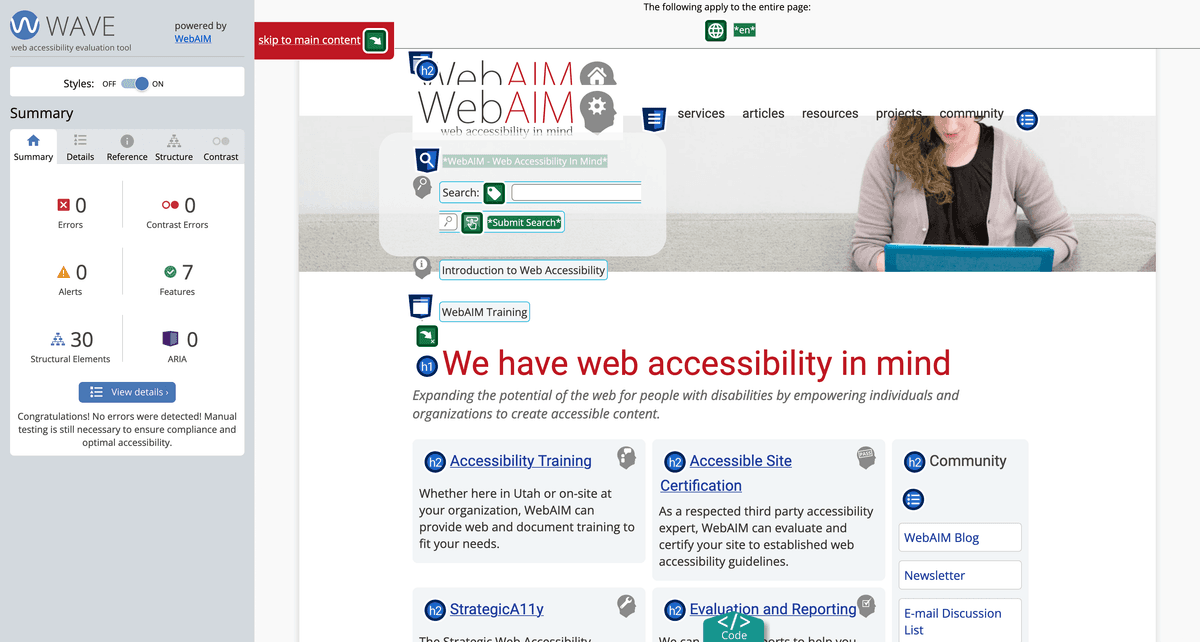 Screenshot of the WAVE tool being used on webaim.org